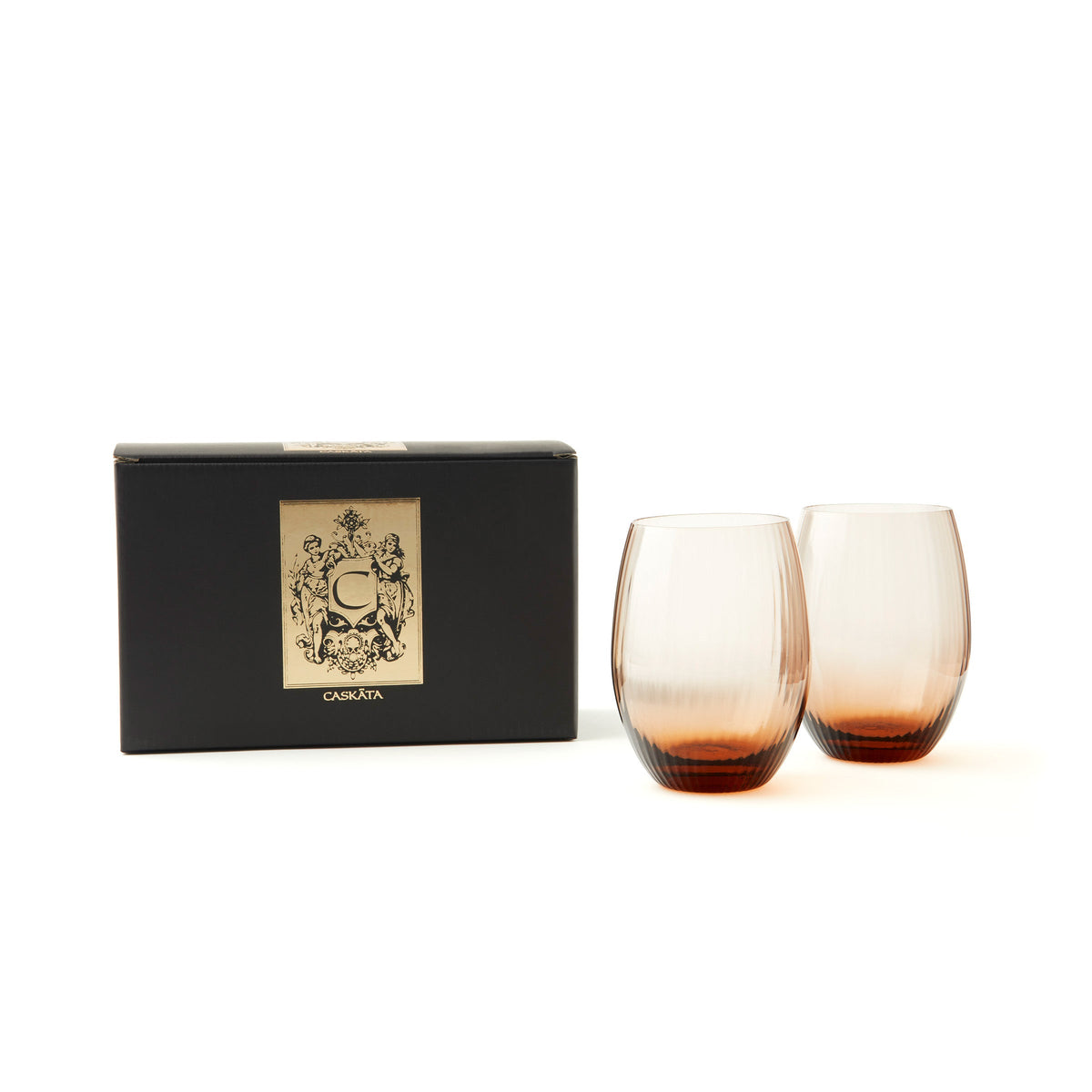 Set of 2 Quinn Amber Stemless Tumbler Wine Glasses from Caskata, with a black and gold gift box.