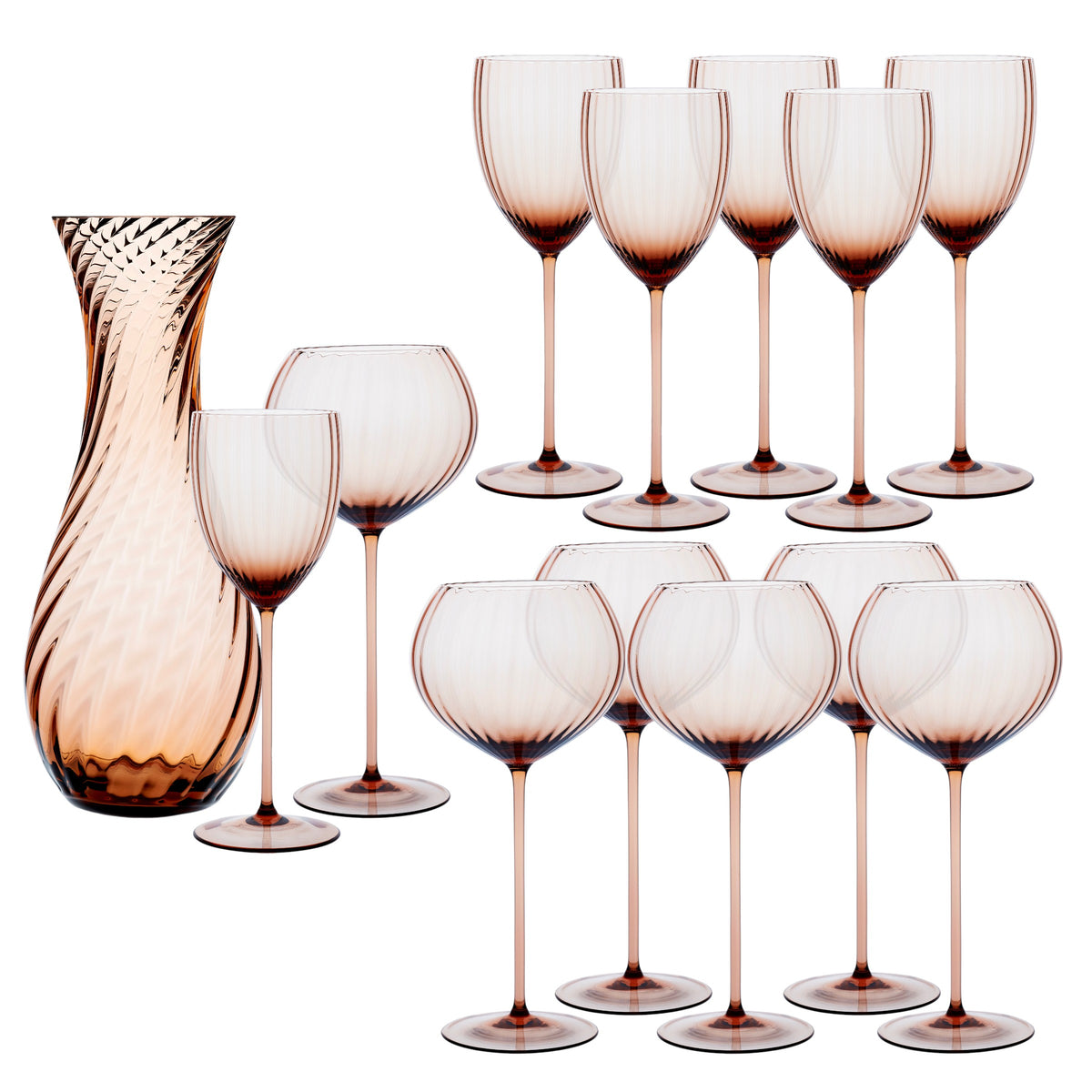 The Quinn Amber Wine Lovers Set by Caskata features twelve amber crystal wine glasses and a matching patterned carafe, elegantly displayed on a white background.