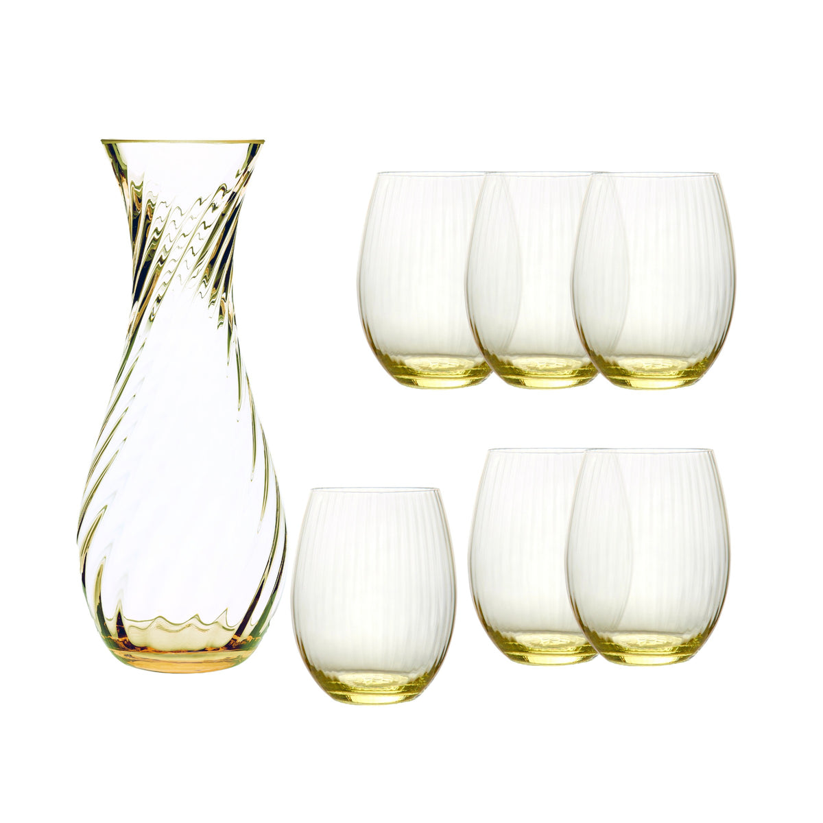 The Quinn Citrine Dinner Party Set by Caskata features a clear glass carafe with a swirl pattern and six matching stemless crystal glasses, all tinted a soft yellow—an elegant addition to any table.