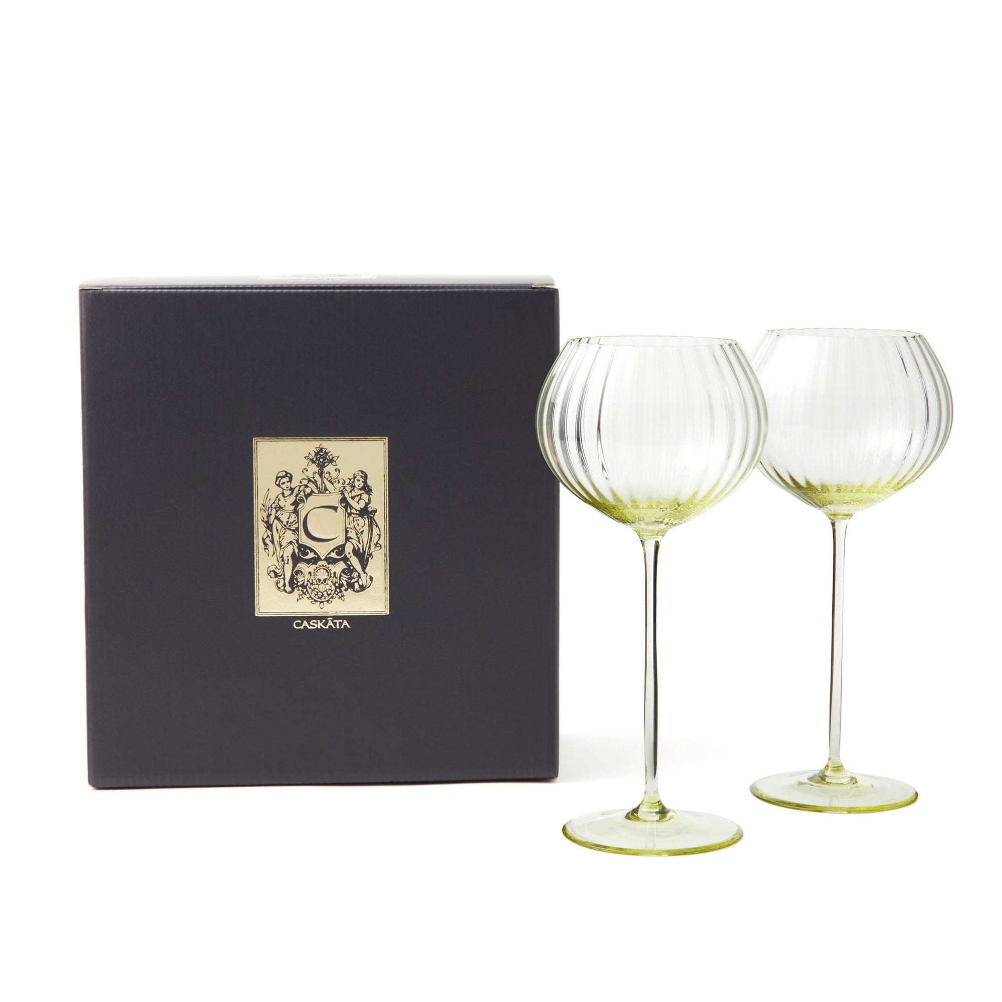Quinn Starter Set- mouth-blown crystal wine collection includes 2 red wine balloon stems, 2 white wine stems, and 2 stemless glasses in delicate Citrine yellow from Caskata
