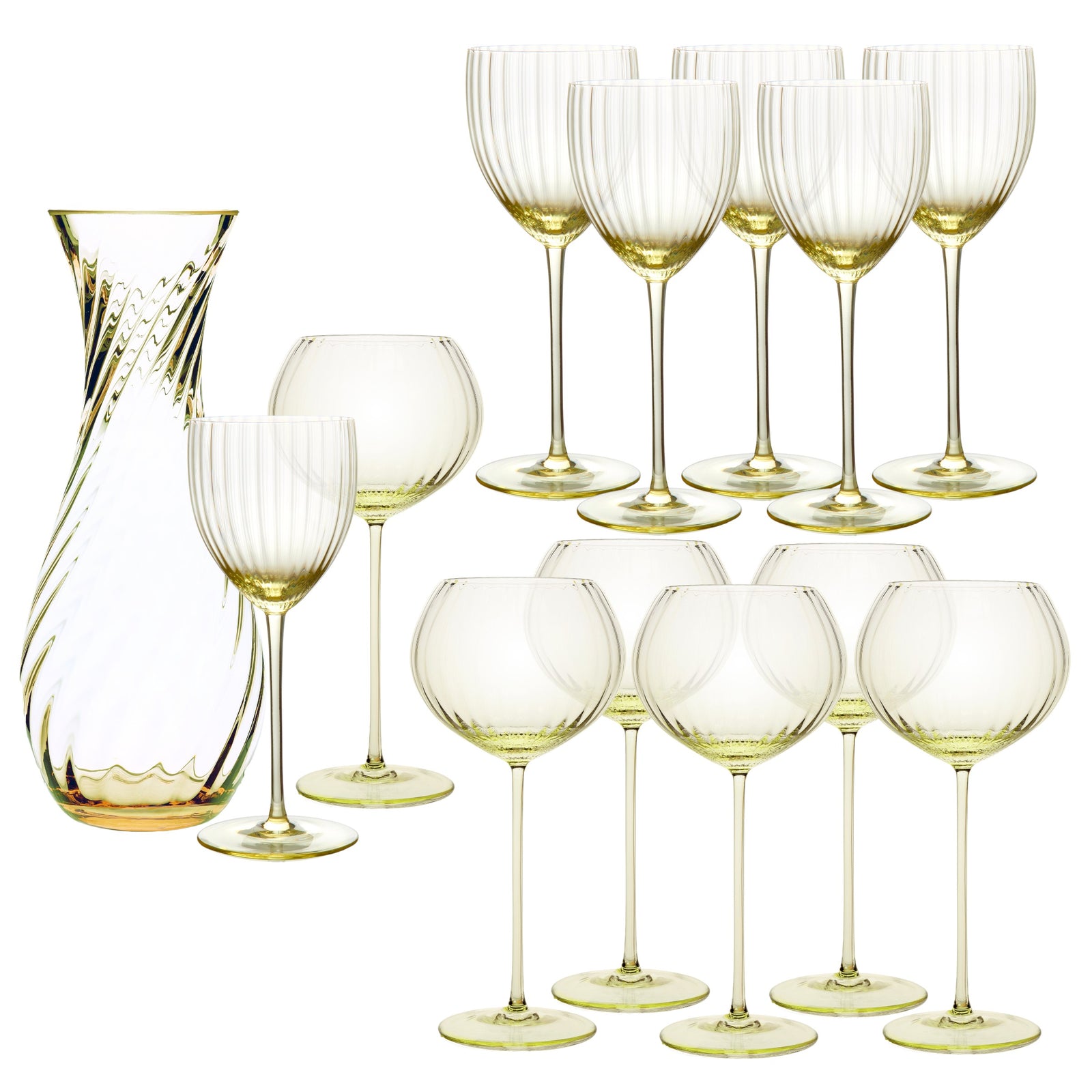 The Quinn Citrine Wine Lovers Set by Caskata features a clear glass carafe with a swirl pattern alongside ten matching Czech crystal wine glasses, each adorned with subtle vertical lines for an elegant handmade touch.