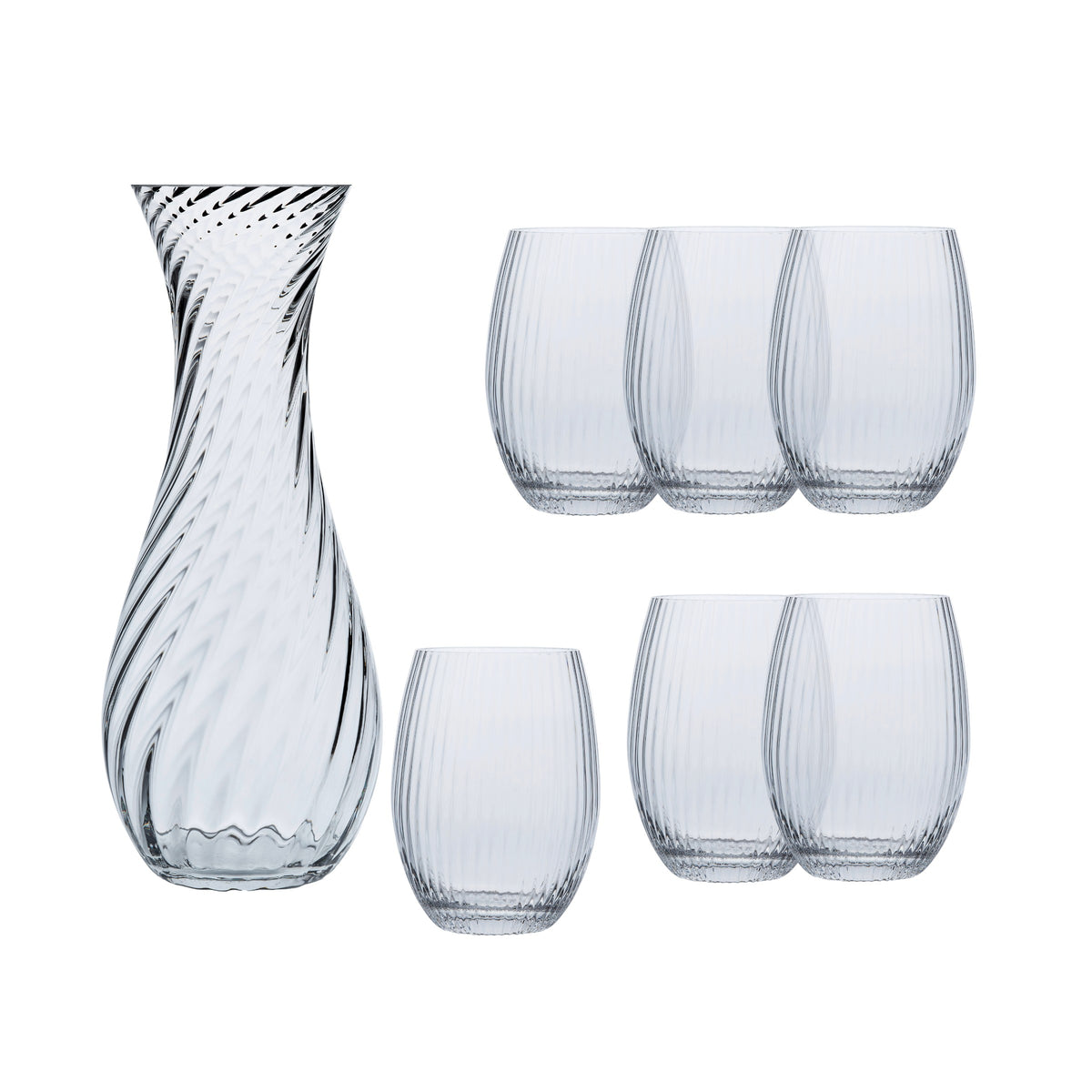 On the left is The Quinn Clear Dinner Party Set by Caskata—a clear glass carafe with a spiral pattern, displayed beside six matching crystal glasses in two rows of three, inspired by Czech design.