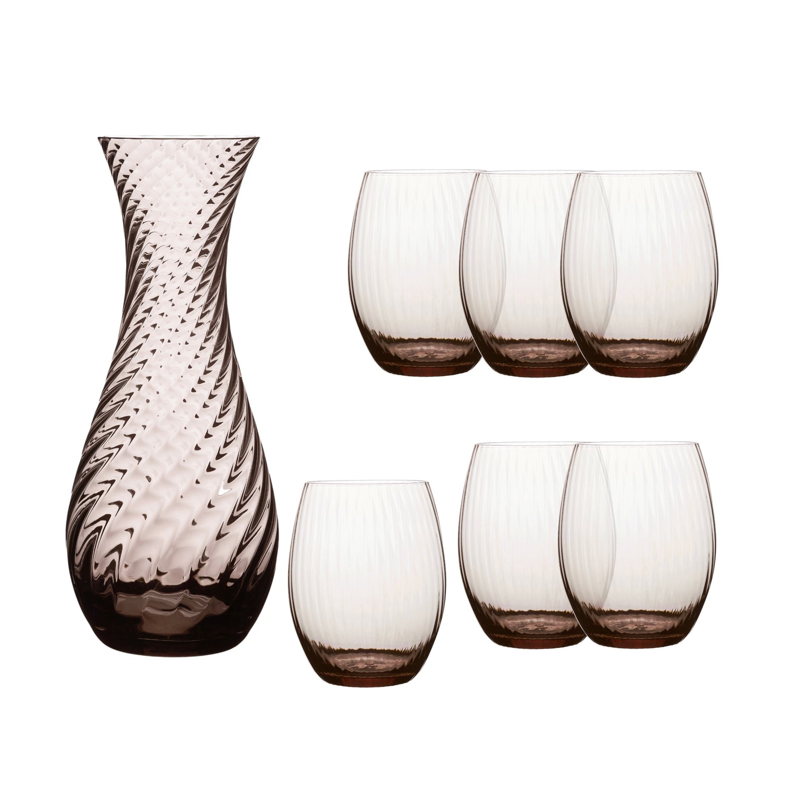 The Quinn Mocha Dinner Party Set by Caskata features a textured glass carafe and six ribbed crystal glasses in a light brown tint, creating an elegant display on a white background.