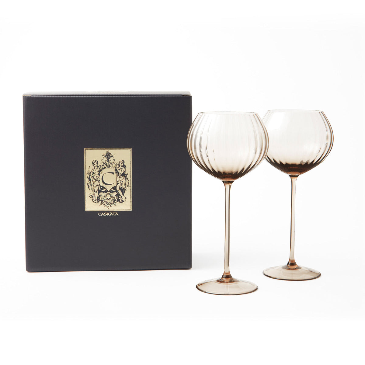 Quinn Mocha Brom Mouth-blown Crystal Red Wine Glasses from Caskata with black and gold gift box