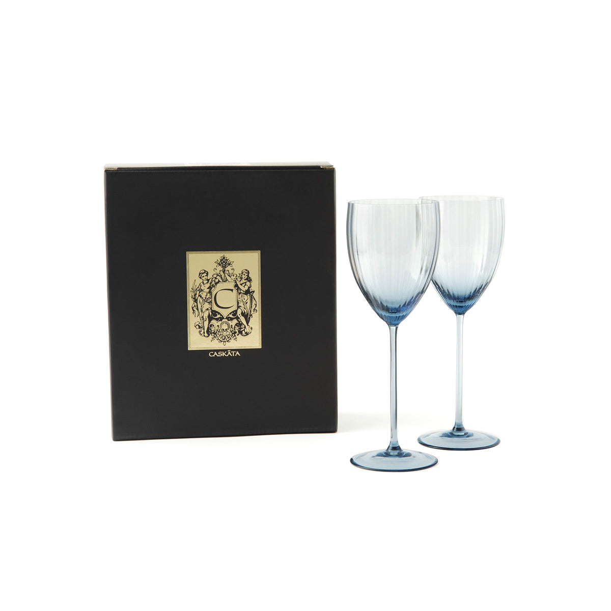 Quinn Ocean Blue Mouth-blown Crystal White Wine Glasses With Black and Gold Gift Box  from Caskata.