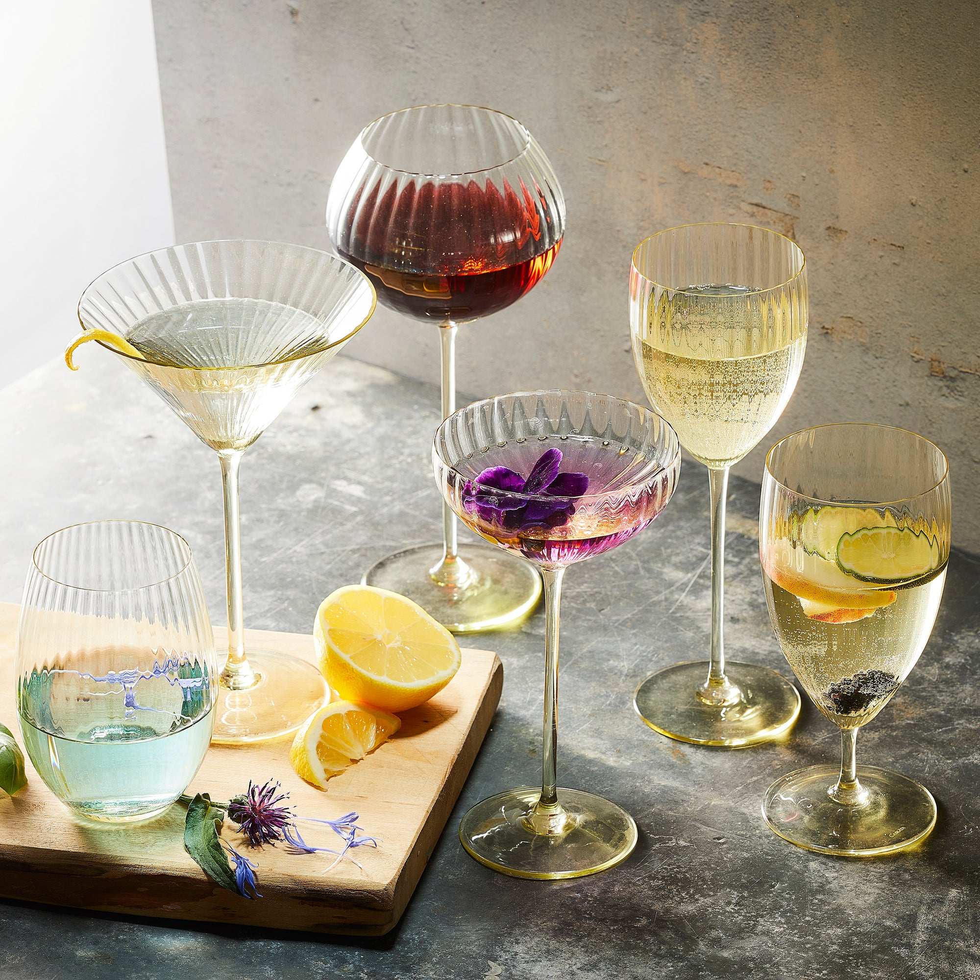 Quinn Collection of mouth-blown Crystal Stemware from Caskata available in 7 different colors
