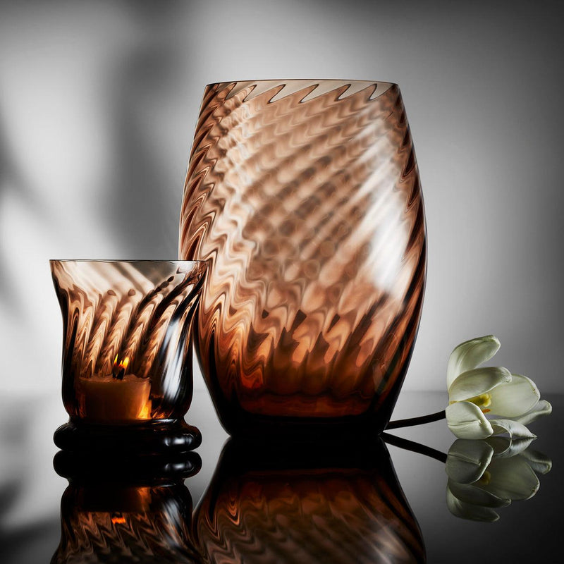 Quinn Amber Elliot Barrel Hurricane Lantern or Candle Vessel in mouth blown crystal from Caskata