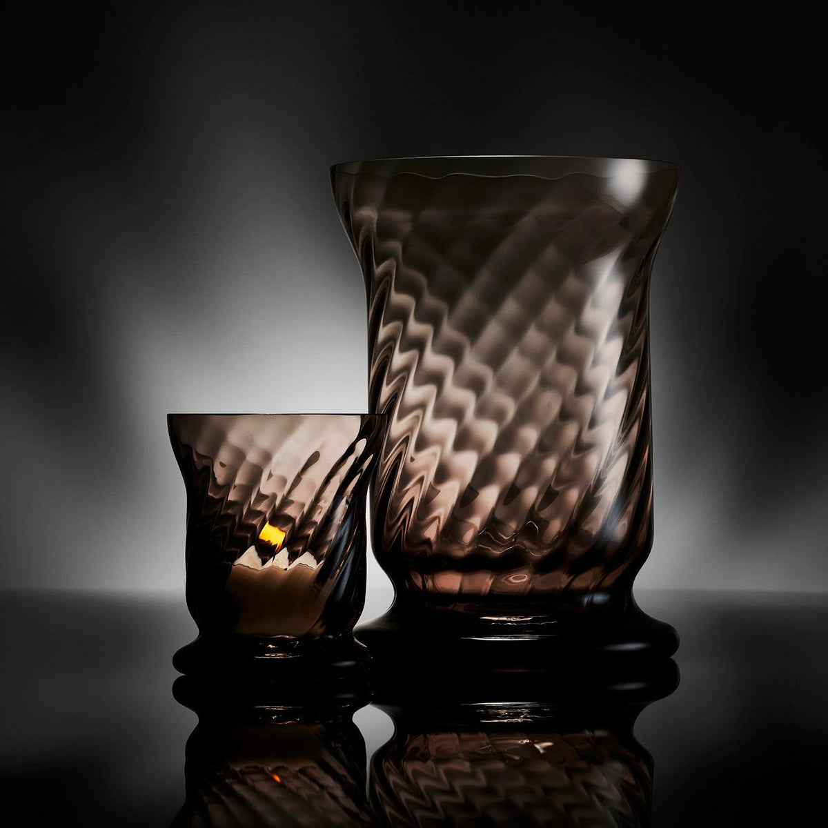 Quinn Mocha Hurricane and Votive Candle Holder in Dark Lifestyle Image from Caskata