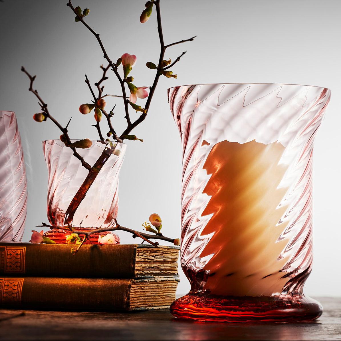 Quinn Rose Crystal Boothbay Hurricane Lantern with Votive Candle Holder from Caskata in Pink