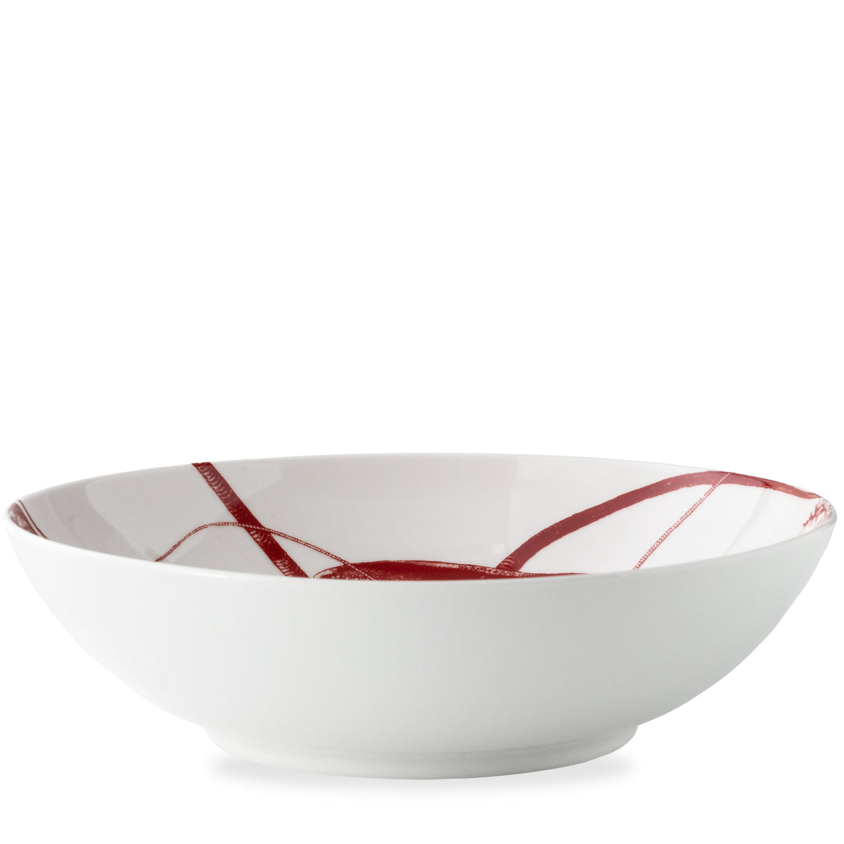 A Caskata Artisanal Home Lobster Wide Serving Bowl Red with red lines on it, perfect for showcasing lobsters.