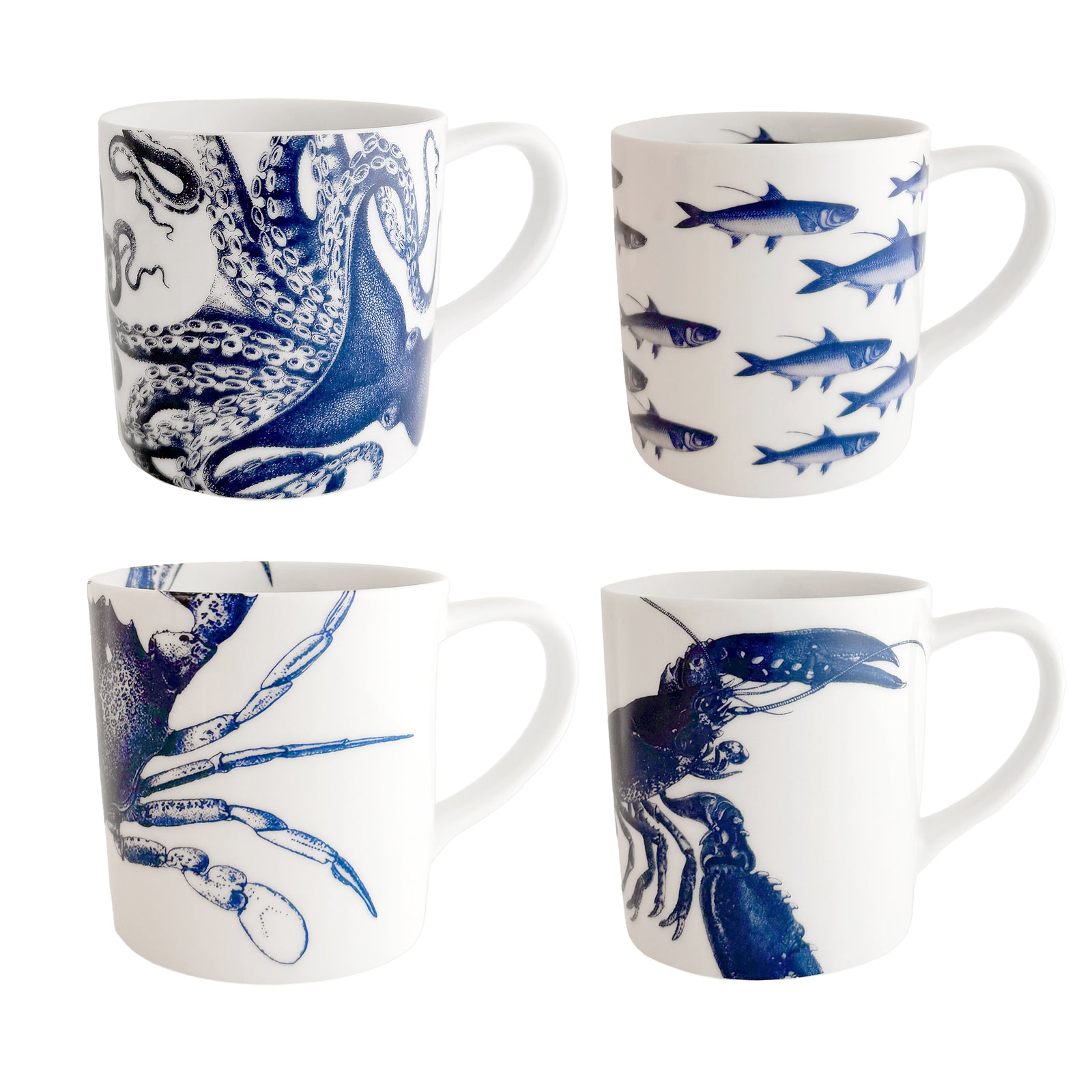 Coastal Mugs in a series of iconic prints including School of Fish, Lobster, Crab, and Lucy the Octopus in blue on creamy white porcelain from Caskata in a mixed set of 4.