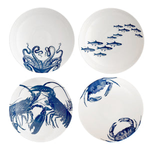 Mixed set of 4 Coastal Creatures in the Mixed Coastal Icon Entree Bowl Set from Caskata. In Blue on creamy white porcelain, including School of Fish, Lobster, Crab, and Lucy the octopus.