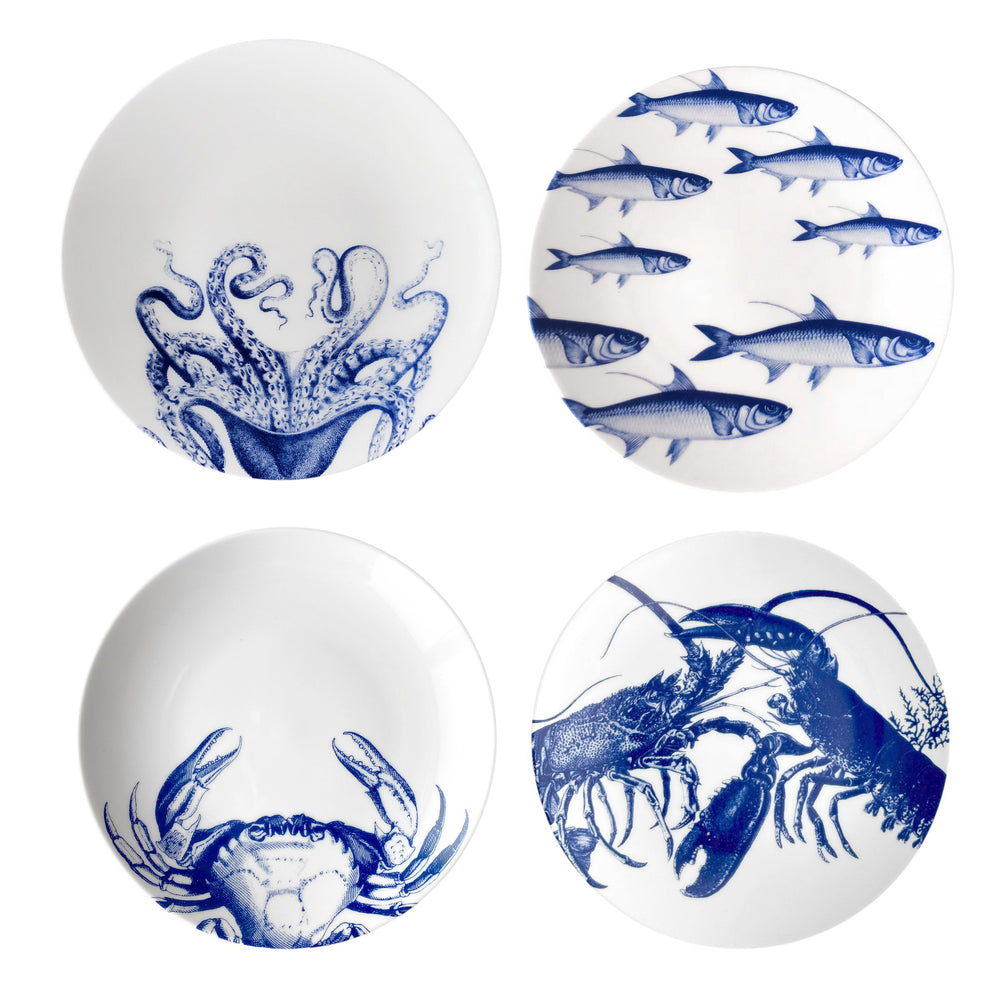 Mixed Coastal Set of Salad Plates in porcelain, including Caskata's Coastal icons: Lucy the Octopus, School of Fish, Crab and Lobster in blue on white.