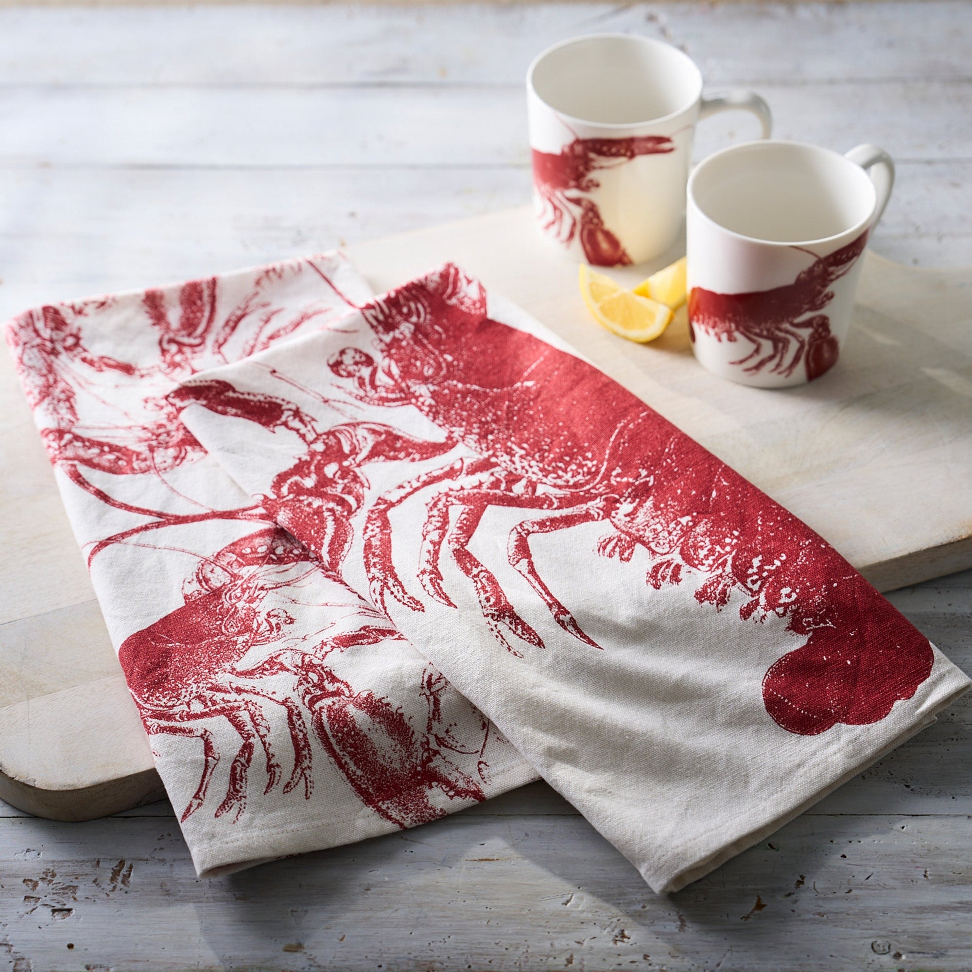 Lobster Kitchen Towel Set of 2 Mixed in Red and White Cotton from Caskata