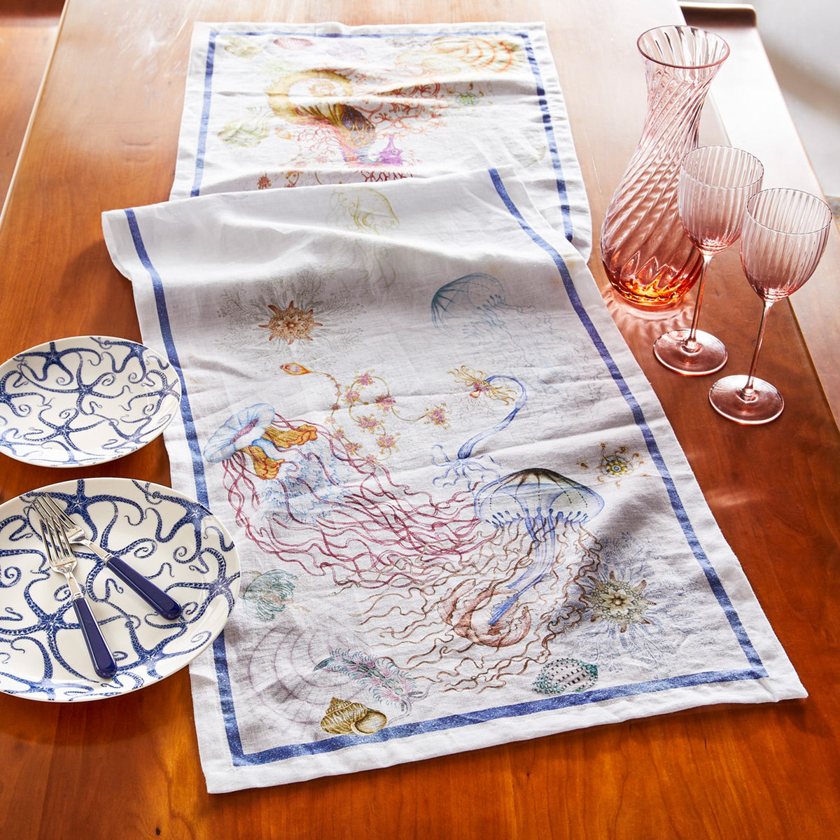 Reef Table Runner with Jellyfish and Seahorses in watercolors on Italian linen from Caskata