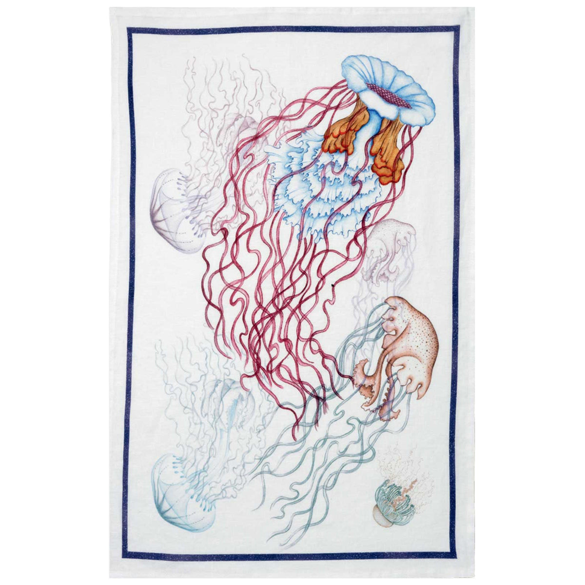 A Reef Linen Kitchen Towels Set/2 by TTT, with a jellyfish, one of the deep-sea dwellers, printed on it. This tea towel is made with premium quality fabric from an Italian mill.