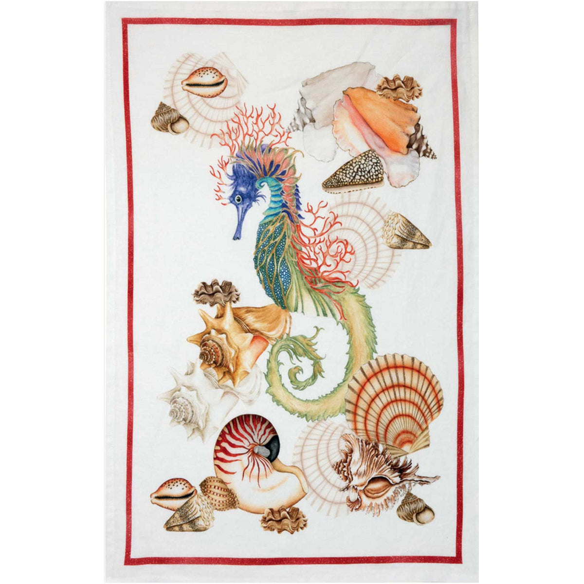 Reef Kitchen Towel with Shells and Seahorse Watercolors in Italian Linen. Part of a Set of 2 from Caskata