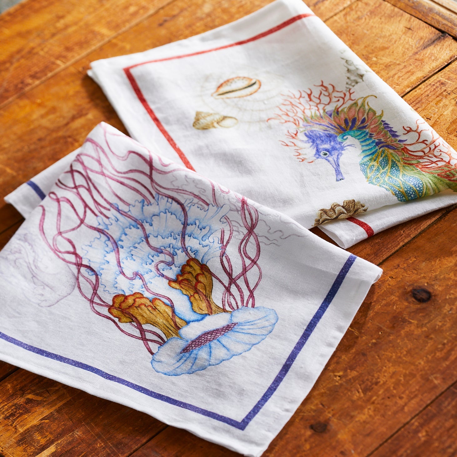 Reef Kitchen Towels in 100% Italian Linen, sold as a set of 2, from Caskata with Sea Creatures like Jellyfish and Seahorses