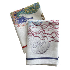 Reef Kitchen Towels in 100% Italian Linen, sold as a set of 2, from Caskata with Sea Creatures like Jellyfish and Seahorses