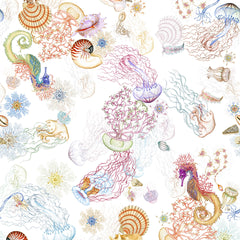 Graphic Tablecloth Print with jellyfish, seahorses and shells in bright watercolors on Italian linen from Caskata