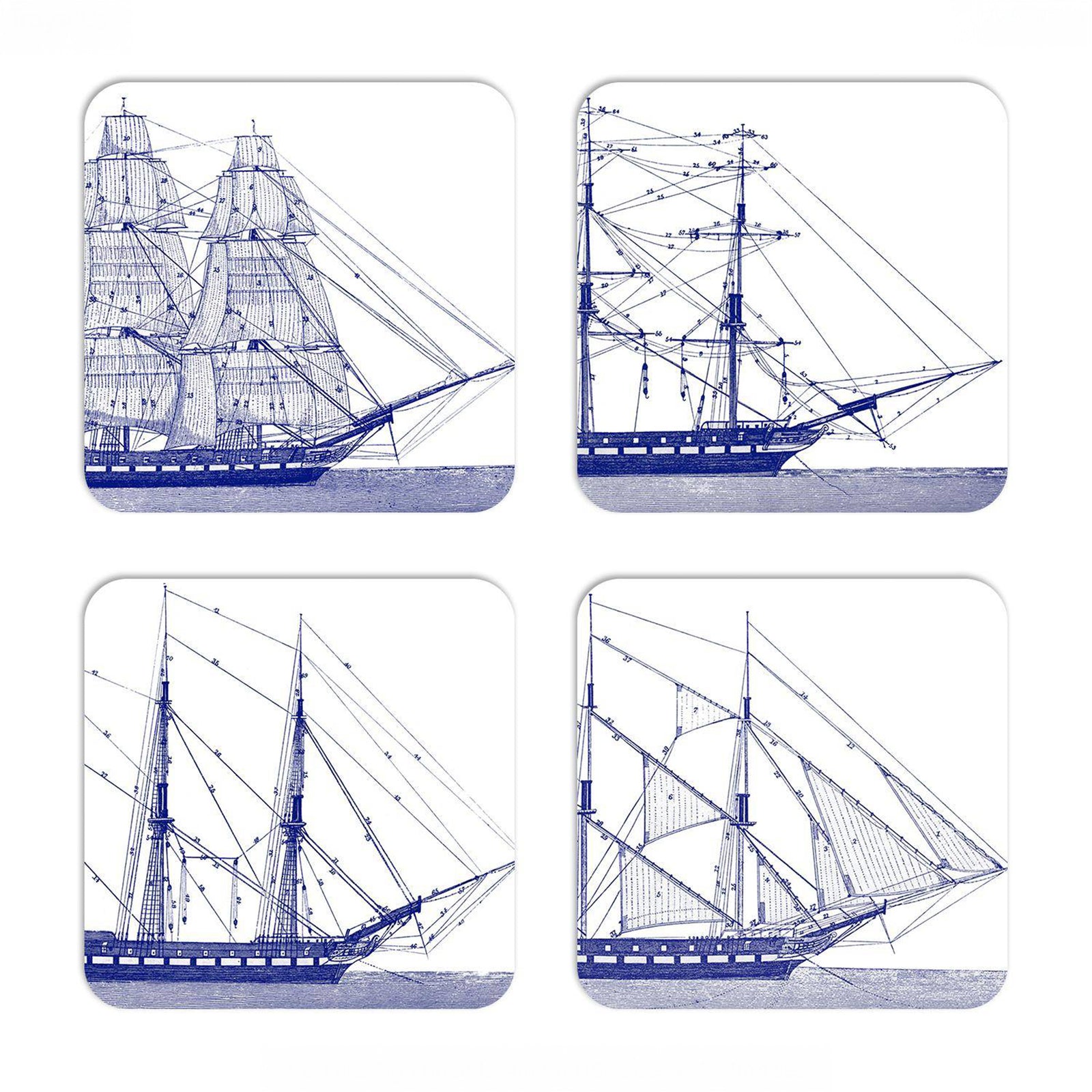 The Caskata Rigging Birchwood Square Coasters, Set of 4, feature white squares with detailed blue sailing ship drawings—each unique—designed to pair perfectly with your FSC-Certified Birchwood trays.