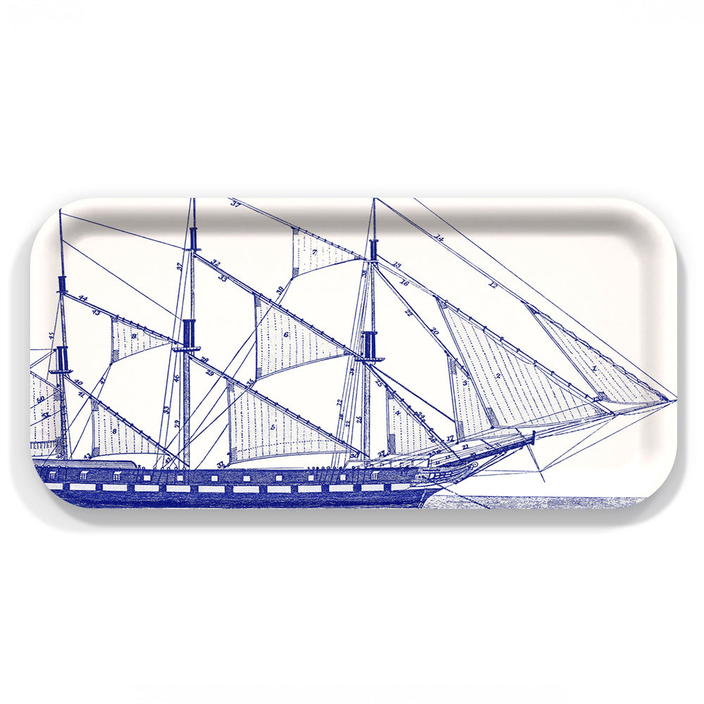 The Caskata Rigging Small Rectangular Tray features a blue line drawing of a classic sailing ship on white birchwood, made from FSC-Certified materials for stylish, sustainable serving.