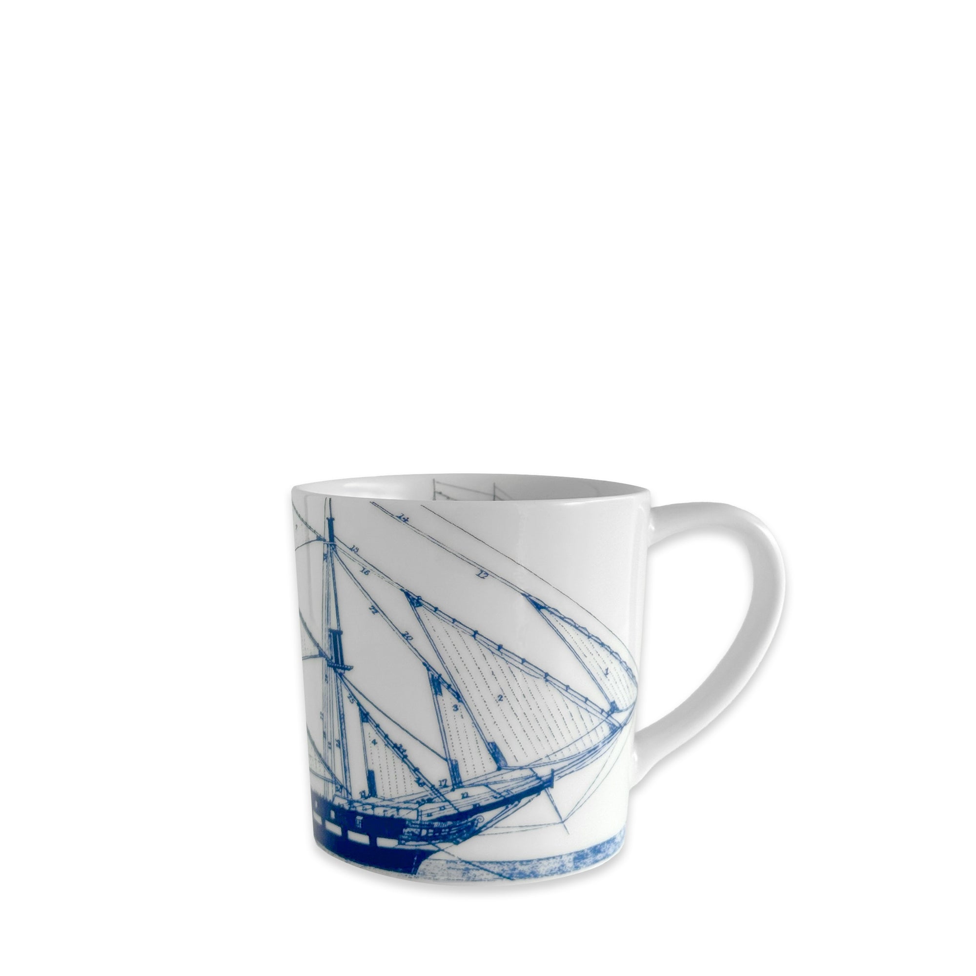 The Caskata Rigging Mug is a white ceramic mug featuring a blue line drawing of a sailing ship, ideal for nautical enthusiasts. Shown on a plain white background.