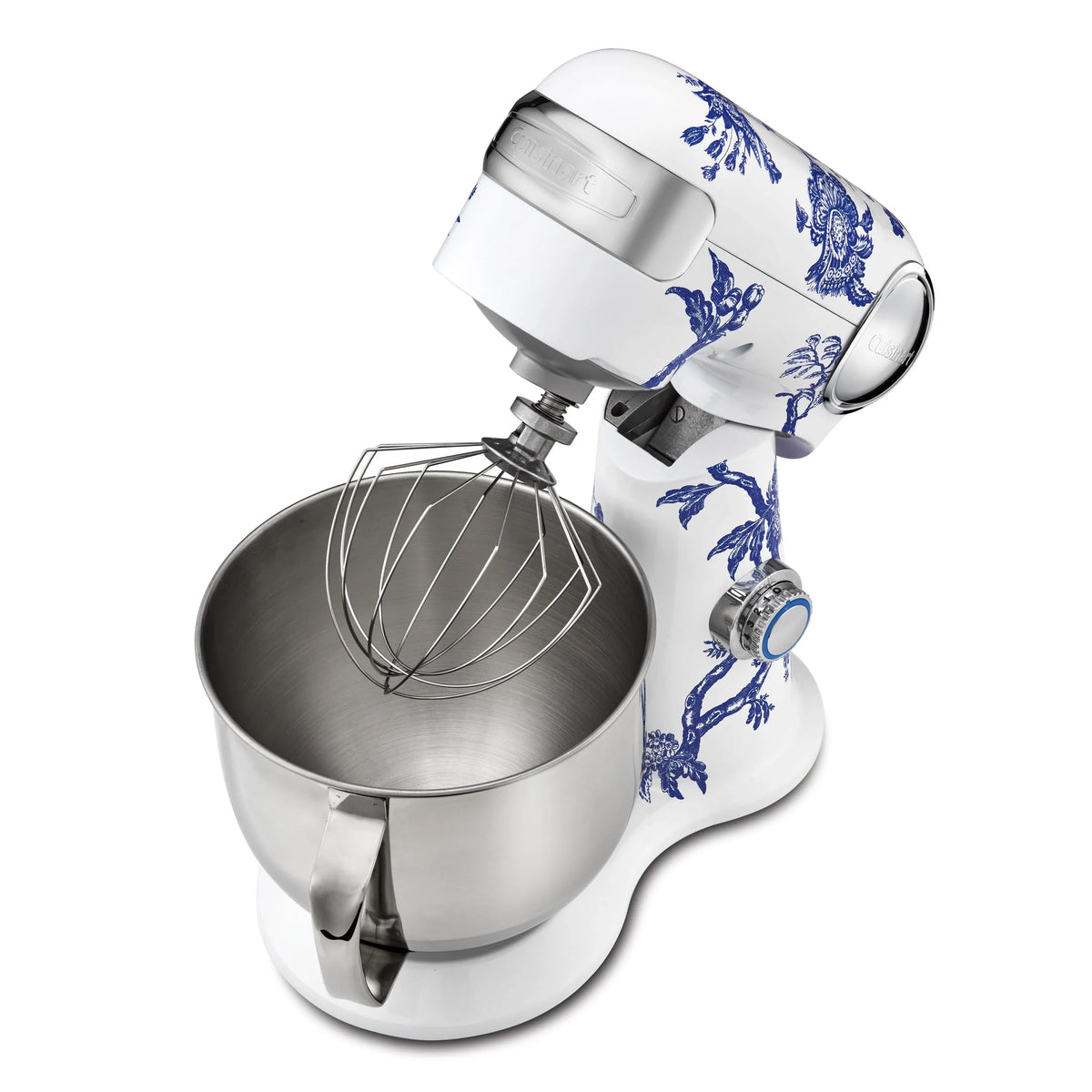 A Caskata X Cuisinart Limited Edition Arcadia Performance Stand Mixer with a blue and white design that can be placed on a kitchen counter.