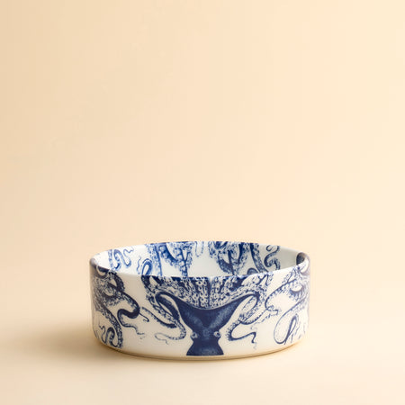 Lucy the Octopus wraps herself around this deep-sided medium-sized pet bowl in high-fired porcelain from Caskata