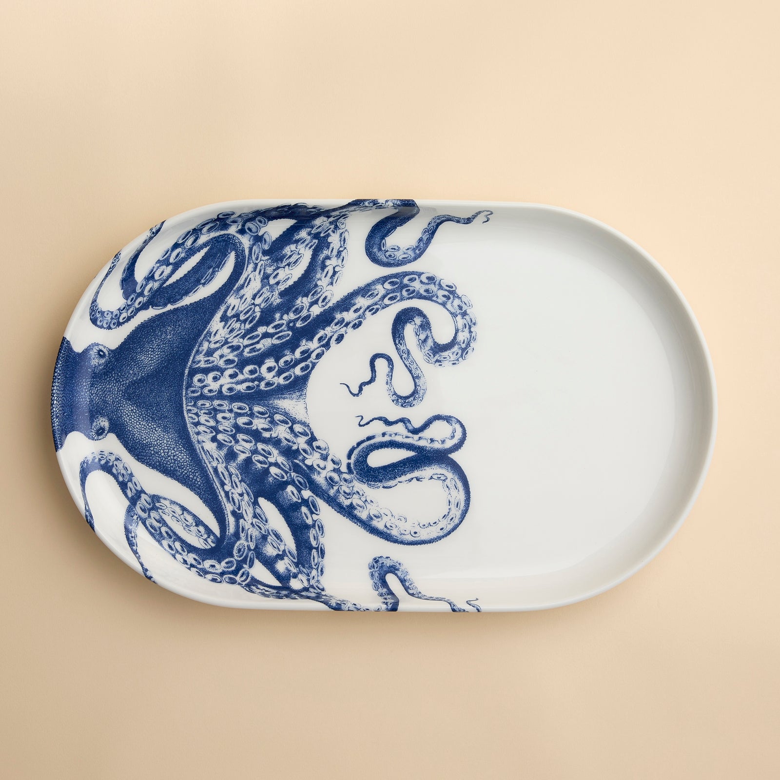 Lucy the Octopus just wrapped around this large oval coupe platter in high-fired porcelain from Caskata in blue and white.
