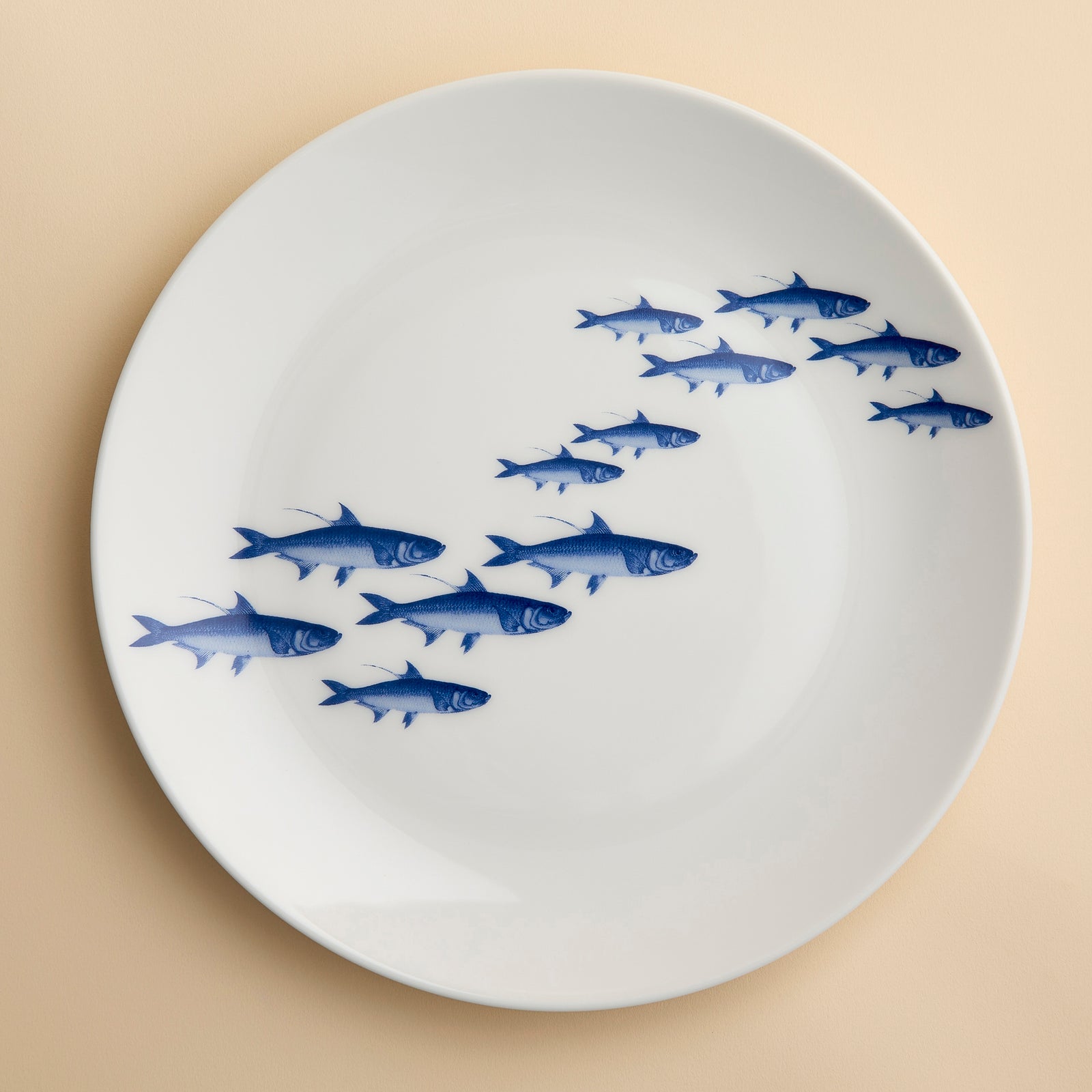 A brilliant blue School of Fish swims across this porcelain coupe dinner plate from Caskata.