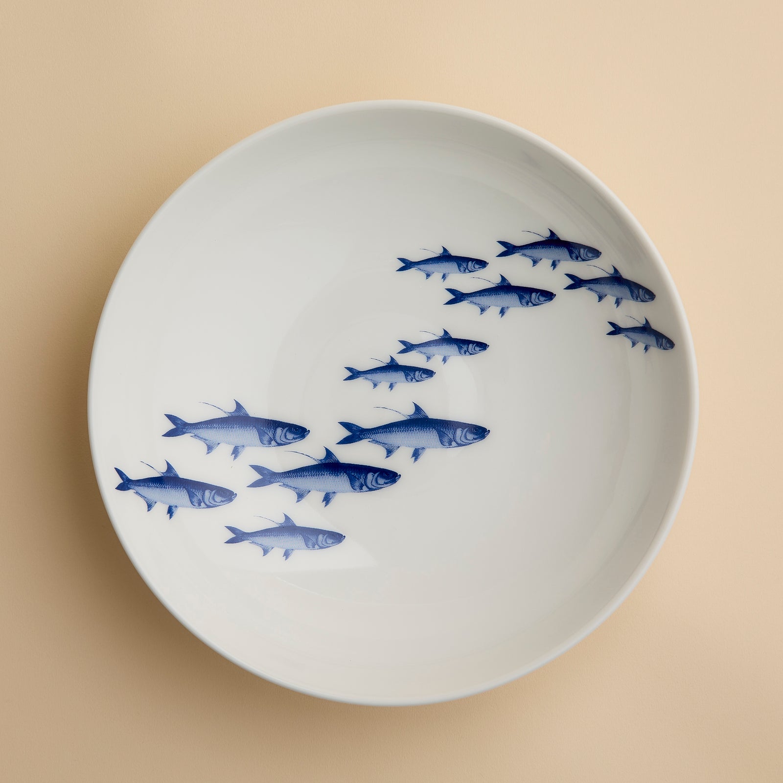 The School Fish Entrée Bowl by Caskata Artisanal Home features a white ceramic design adorned with a group of blue fish, seen from above on a beige background—an ideal coastal porcelain piece for serving your favorite seafood or showcasing as elegant blue fish dishware.