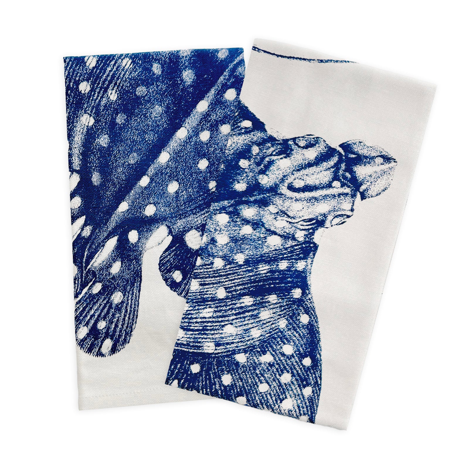 The Caskata Stingray Kitchen Towels, Set of 2, are white cotton towels featuring a blue, dotted stingray illustration that extends across both for a nautical touch.
