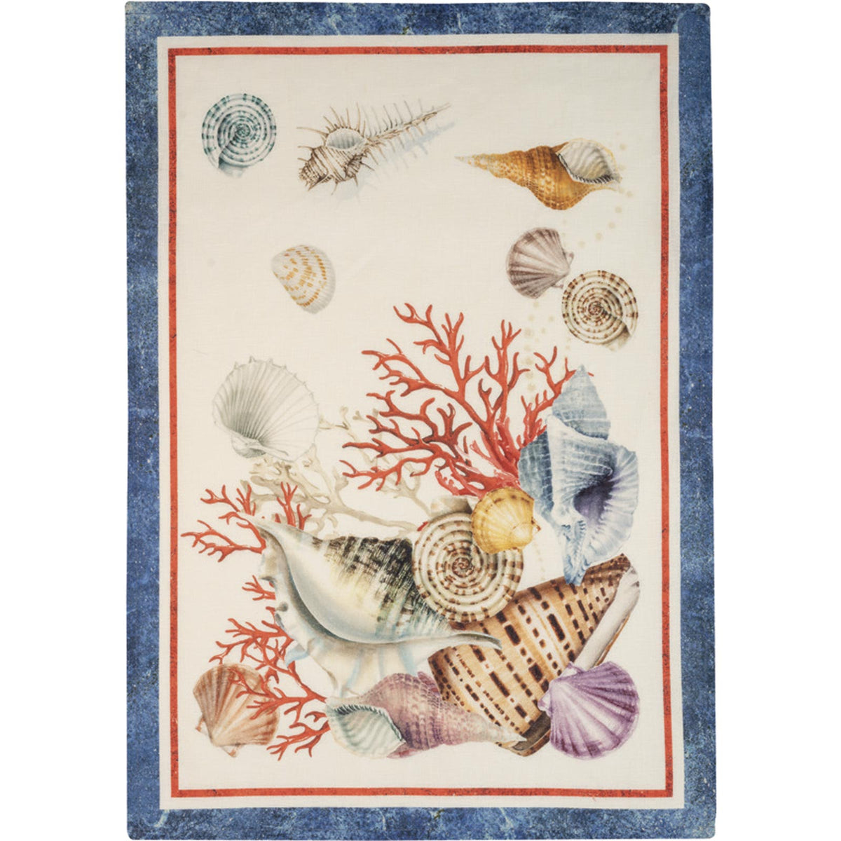 A Sanibel Linen Kitchen Towels Set/2 adorned with delicate sea shells and corals, perfect for shell collecting enthusiasts or anyone who appreciates a touch of coastal decor. (Brand Name: TTT)