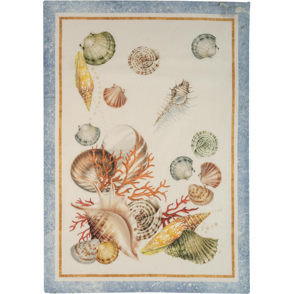Sanibel Kitchen Towel with a Light Blue Border and Watercolor Images of Shells and Coral. Sold as part of a set of 2 from Caskata