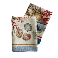 Sanibel watercolor linen dishtowels sold as a set of 2  feature vibrant colors and a mix of shells and coral from Caskata