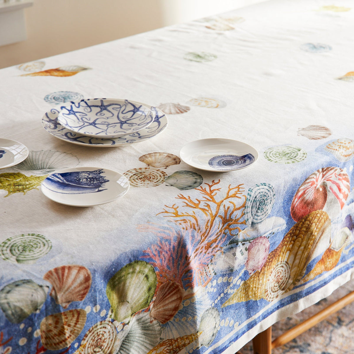 Sanibel Tablecloth in Linen with Shells and Coral from Caskata