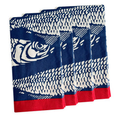 The Sardines Dinner Napkins by Caskata, set of 4, feature a playful blue and white sardine design with red borders—perfect for adding charm to your table setting.