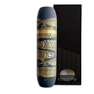 A Caskata x High Camp Dark Blue Sardines Parkside Flask featuring sardine illustrations is displayed beside a black rectangular "Parkside Past Limited Edition 750" box.