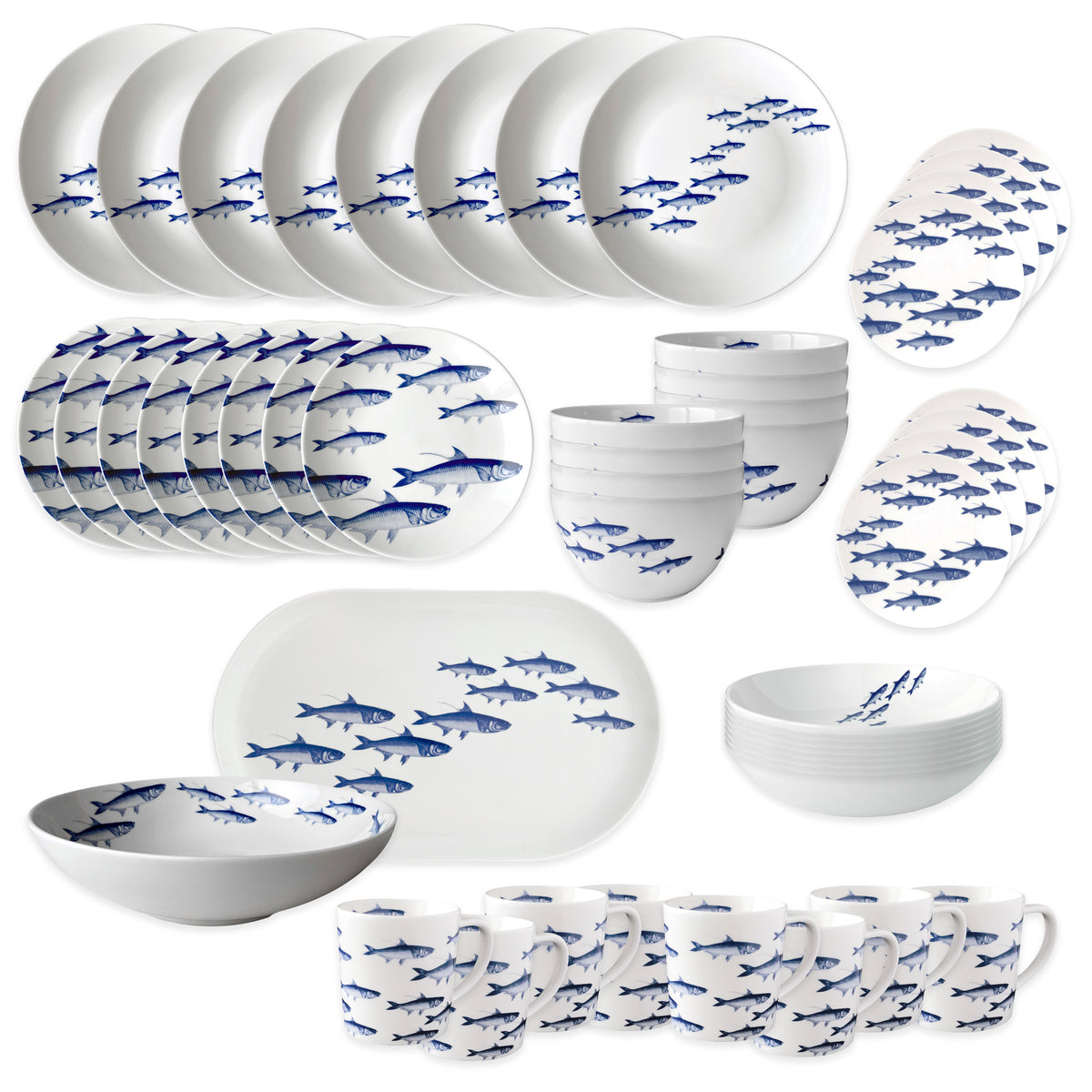 The Caskata School of Fish Ultimate Set is a full porcelain dinnerware collection with blue fish designs, including plates, bowls, mugs, and serving platters.