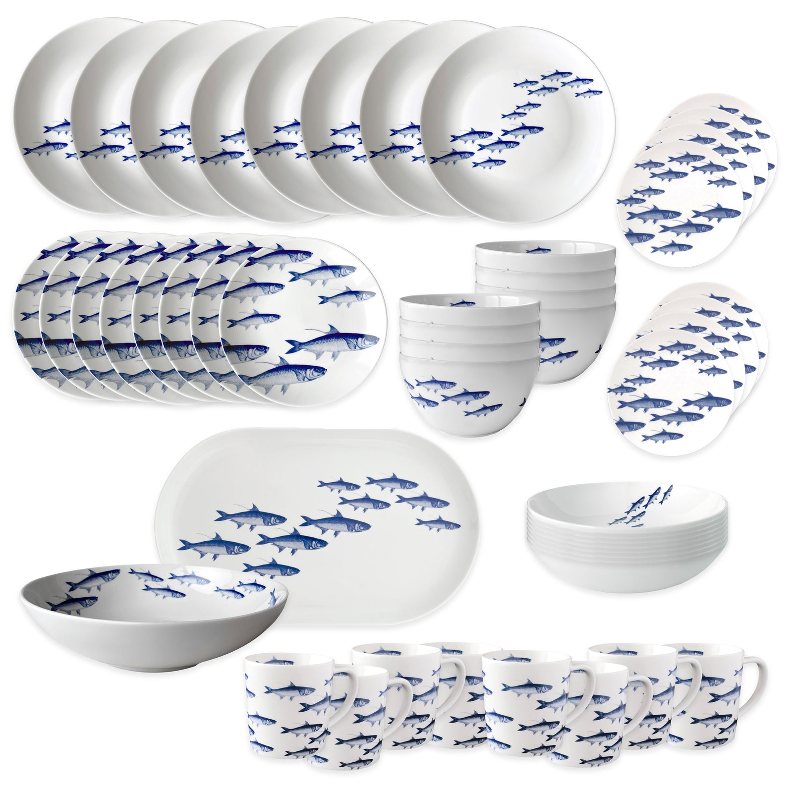 The Caskata School of Fish Ultimate Set is a full porcelain dinnerware collection with blue fish designs, including plates, bowls, mugs, and serving platters.