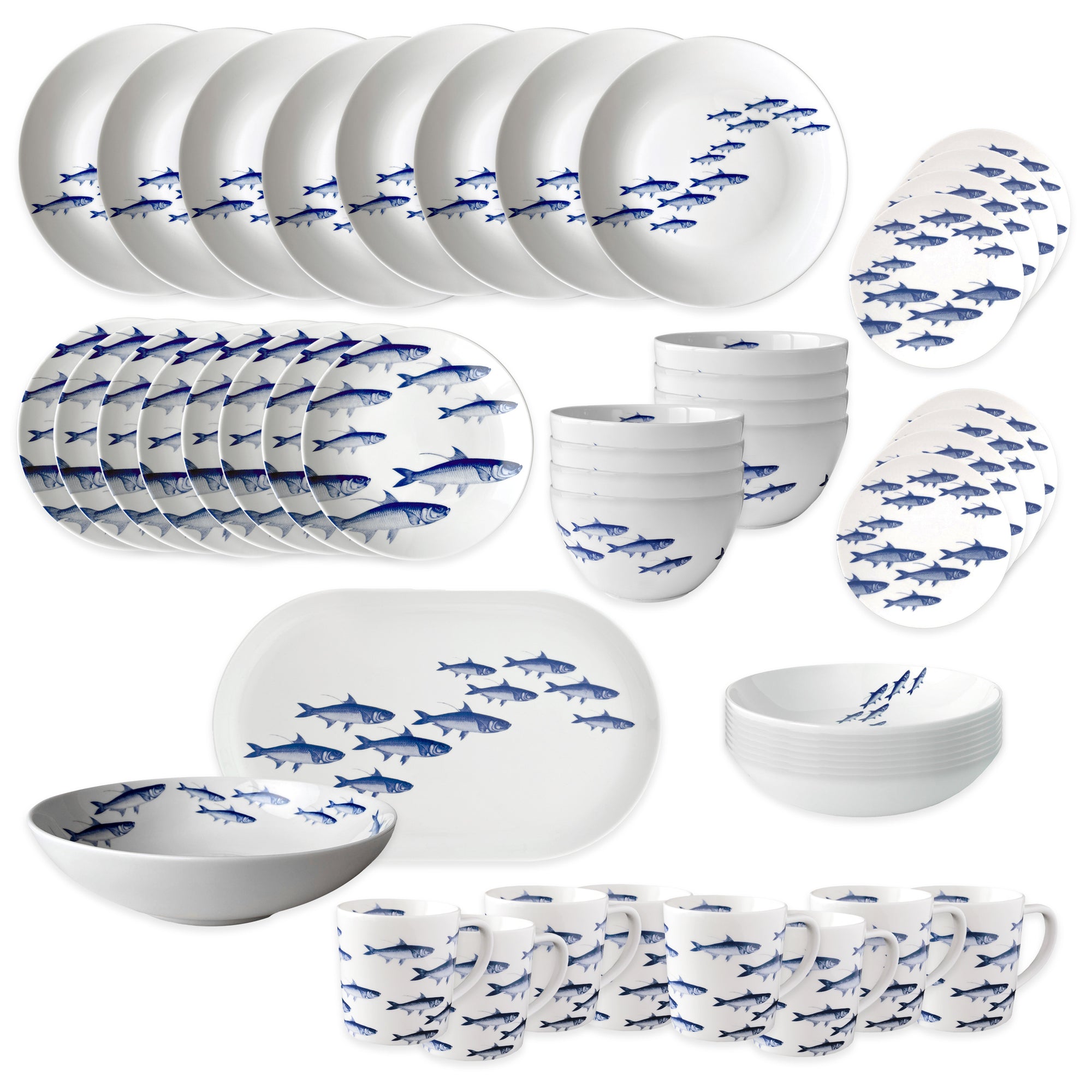 The Caskata School of Fish Ultimate Set is a full porcelain dinnerware collection with blue fish designs, including plates, bowls, mugs, and serving platters.
