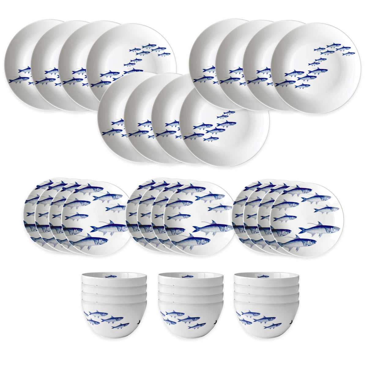 The Caskata School of Fish Table for 12 is a 36-piece porcelain dinnerware set with plates, bowls, and cups, each featuring blue fish patterns. Both dishwasher and microwave safe, it's a stylish and durable choice for everyday use.