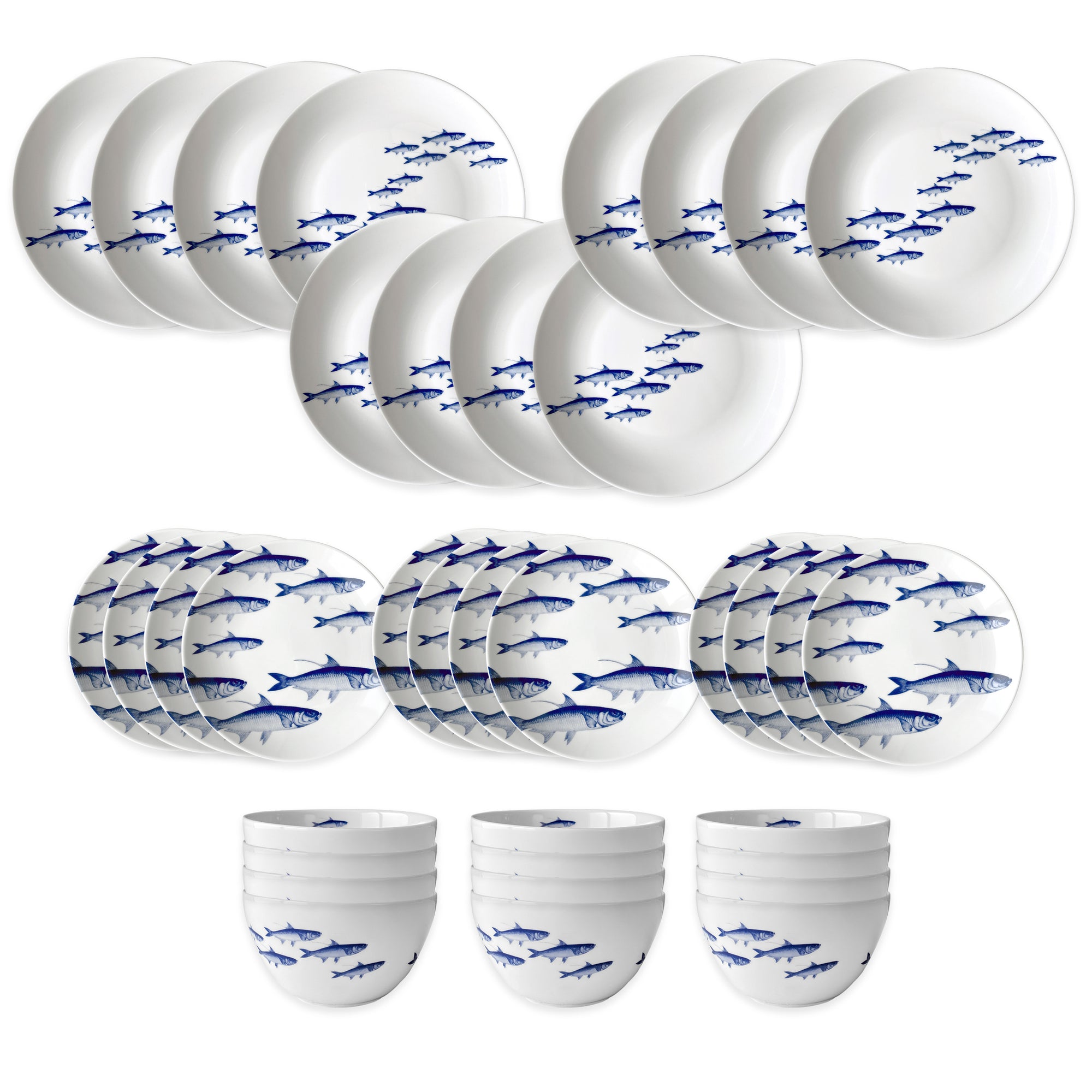 The Caskata School of Fish Table for 12 is a 36-piece porcelain dinnerware set with plates, bowls, and cups, each featuring blue fish patterns. Both dishwasher and microwave safe, it's a stylish and durable choice for everyday use.