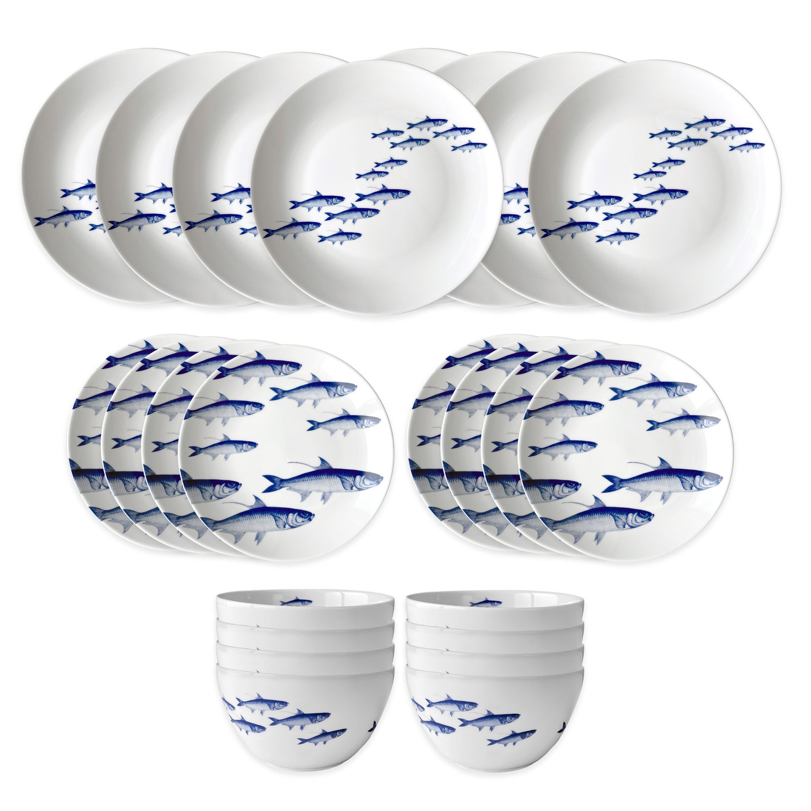 The Caskata School of Fish Table for 8 is a 24-piece porcelain dinnerware set featuring white plates and bowls with blue fish designs. Dishwasher and microwave safe, it’s shown neatly arranged on a white background.