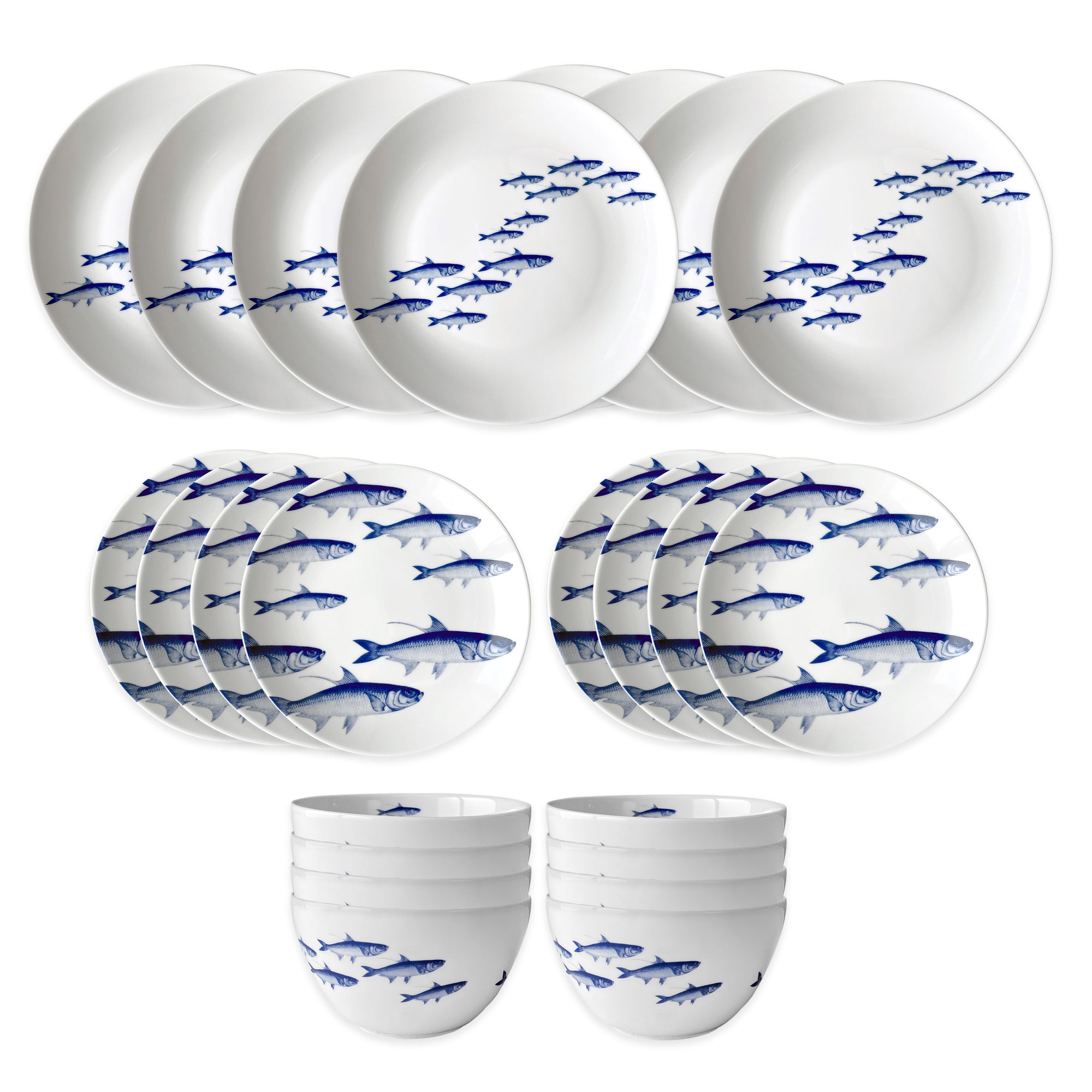 The Caskata School of Fish Table for 8 is a 24-piece porcelain dinnerware set featuring white plates and bowls with blue fish designs. Dishwasher and microwave safe, it’s shown neatly arranged on a white background.