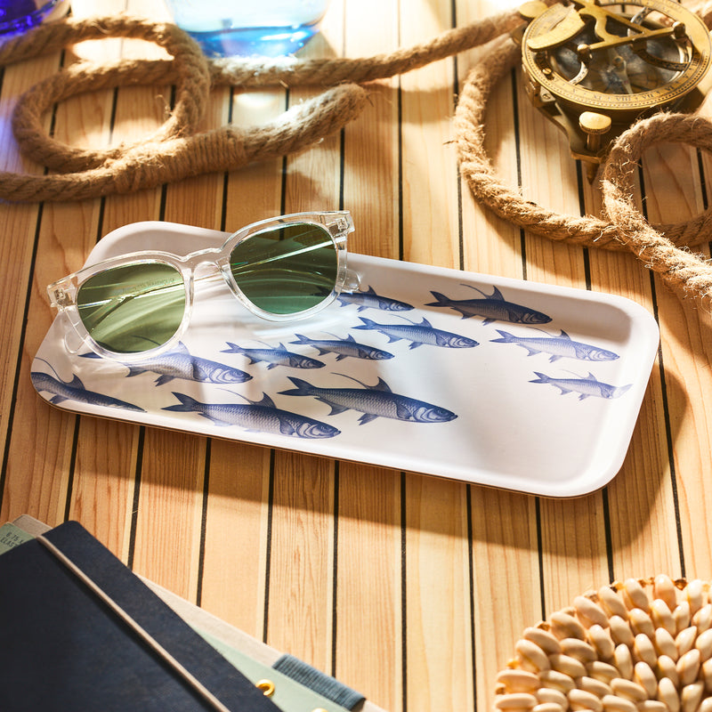 The Caskata School of Fish Small Rectangular Birchwood Tray holds transparent sunglasses and is set on a wooden surface with books, a compass, decorative rope, and a seashell.