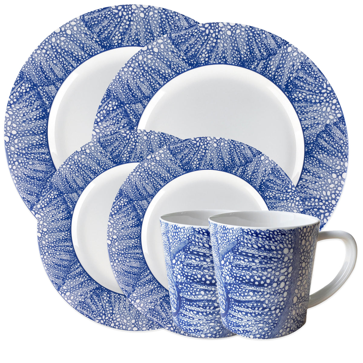 Sea Fan Blue and White Porcelain Dinnerware set for 2 with 2 Dinner Plates, 2 Salad Plates, and 2 Mugs from Caskata