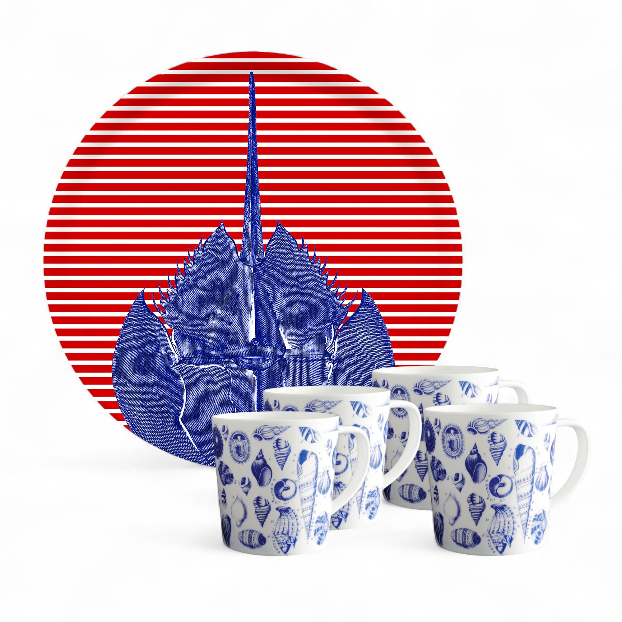 The "Seaside Brunch" Bundle by Caskata features four Shells Mugs and a Horseshoe Crab Serving Tray—perfect coastal host gifts with blue sea-inspired designs.