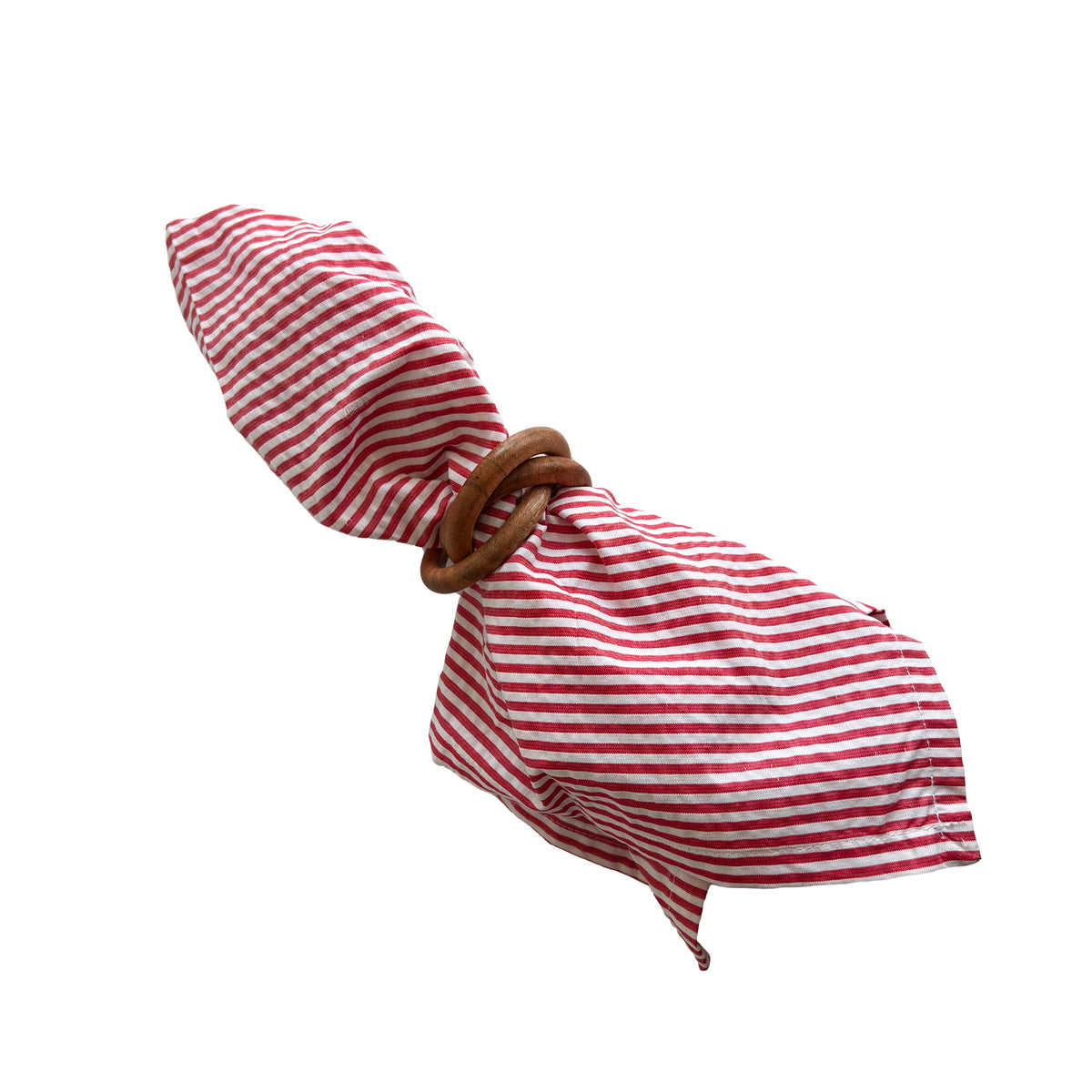 Seersucker Napkin in red and white stripes in a Bangle wooden napkin ring from Caskata